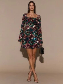 SHEIN BAE 纯黑色性感方领长袖露背简约优雅亮片迷你连衣裙、小黑裙、鸡尾酒会、亮片黑色连衣裙、露背连衣裙、派对、万圣节、优雅连衣裙 - 黑色 - 查看 3