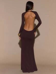 SHEIN BAE 纯棕色长袖性感露背修身优雅加长美人鱼连衣裙，优雅连衣裙，秋冬加长针织连衣裙衬里 - 棕色 - 查看 5