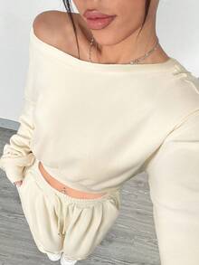 SHEIN EZwear 2件套女士针织斜肩上衣和裤子休闲套装 - 杏色 - 查看 3