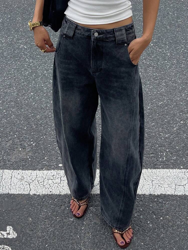 Loose Fit Vintage Washed Wide Leg Casual Jeans, American Workwear Style