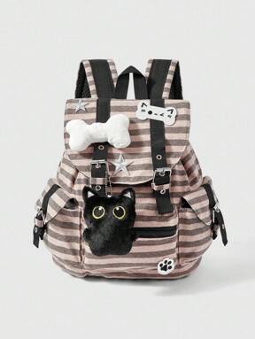 Grunge Punk Punk Style Cat Paw, Bone, Star Colorblock Striped Multi-Pocket Unisex Large Capacity Backpack, Suitable For Commuting And School