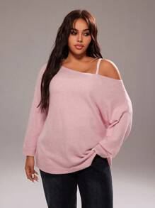 Rustia Plus Size Solid Color Pink Sexy Simple Asymmetric Batwing Sleeve Pullover Sweater Fall Winter Cloth For Women Autumn CASUAL