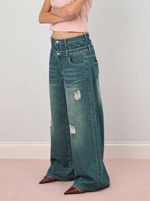 COUREZ Double Waistband Oversized Jeans /Y2K Going Out Outfits Fall Women Clothes Fall Clothes Cute Low Rise Jeans