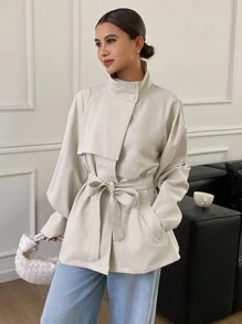 Livesso 秋冬新款宽松休闲加厚风衣女式常规外套女式大衣 - 卡其色 - 查看 4