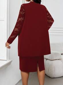 SHEIN Lady 春夏休闲优雅波西米亚风V领黑白长款复古印花长衬衫加大码直筒阔腿裤加大码两件套 - 酒紅色 - 查看 2