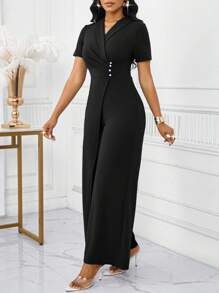 SHEIN Lady 2025 New Ladies Black Solid Color Criss-Cross Wrap Front Black Sleeveless Jumpsuit, Elegant Summer Fall Clothes For Women Halloween Women Jumpsuits Elegant Black Wide Leg Jumpsuit Fall Clothes For Women Halloween Chic Women's Jumpsuit Business Casual Outfits Women Casual Women Outfits - Black - View 5