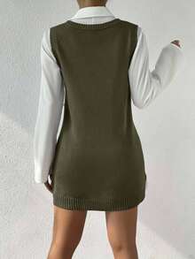 EURMUSE Women's Solid Color V-Neck Sleeveless Sweater Dress - Hijau Tentara - View 2