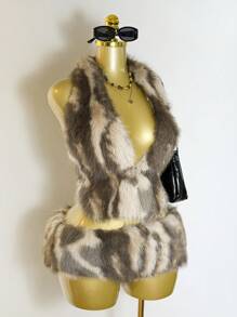 Mistrie Bộ váy ngắn lưng thấp bằng vải lông giả gợi cảm mới dành cho nữ, phù hợp cho lễ Halloween, tiệc tùng và tụ tập. - màu nâu - Xem 4