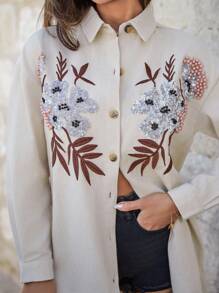 EURMUSE Áo sơ mi nữ thêu hoa vai trễ màu trơn 90% cotton - Màu be - Xem 3