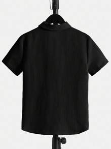 SHEIN Tween Boys' Casual Comfortable Loose Fit Short Sleeve Button Down Shirt With Letter Patched - Black - View 5