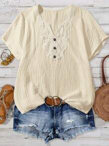 Linhara Plus Size Plain Simple Short Sleeve Shirt - Apricot - View 1