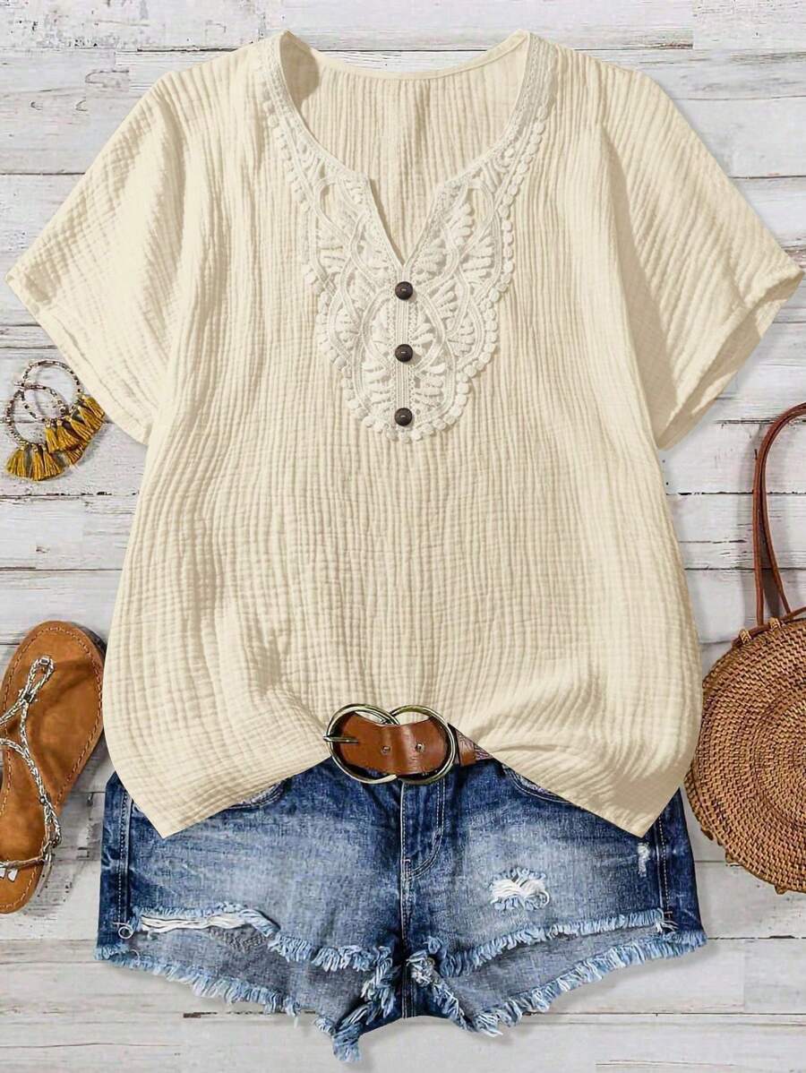 Linhara Plus Size Plain Simple Short Sleeve Shirt - Apricot - View 1