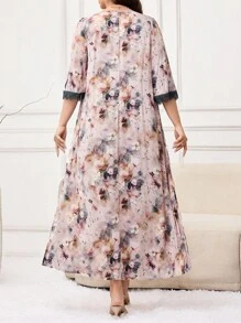 Al Najma Vestido árabe de talla grande para mujer, de estilo casual y suelto, con parches de encaje y mangas tres cuartos - Multicolor - Ver 3