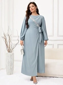 Veilorie Robe élégante à manches lanternes, col rond, avec décoration de perles fausses et nœud sur le côté pour femmes grandes tailles - Vert - Voir 2