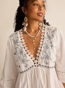 Freevana 大码女式宽松休闲七分袖度假连衣裙刺绣秋装荷叶边半身裙波西米亚风女装早午餐装女士机场装 - 白色 - 查看 2