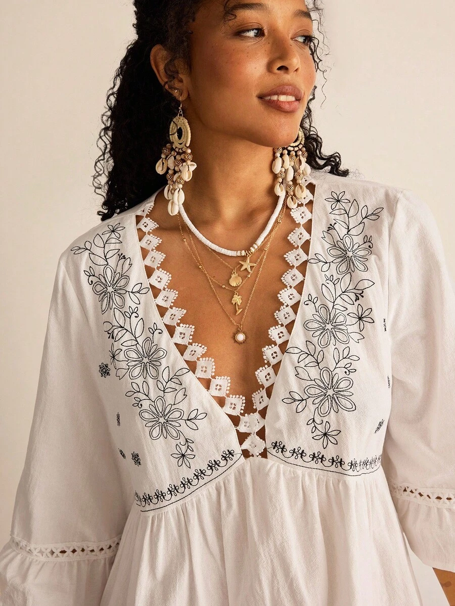 Freevana 大码女式宽松休闲七分袖度假连衣裙刺绣秋装荷叶边半身裙波西米亚风女装早午餐装女士机场装