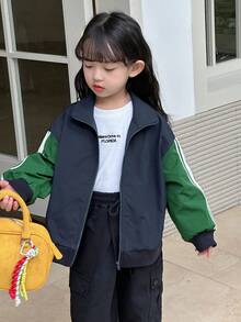 DAZY Young Girls Contrast Color Casual Street Style Long Sleeve Jacket - Army Green - View 3