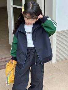 DAZY Young Girls Contrast Color Casual Street Style Long Sleeve Jacket - Army Green - View 6