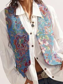 Bohemela Chaleco casual con estampado floral de jacquard, chaqueta bohemia de vacaciones con trenzas para otoño/invierno - Multicolor - Ver 2