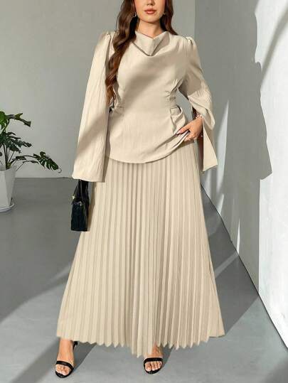 Firerie Plus Size New Simple Long Sleeve Apricot French Vcay Waist Pleated Flared Hem Belted Long Sleeve Crop Top & Pleated Maxi Skirt 2 Pieces Set, Elegant For Vacation, Daily Wear, Valentine's Day, Concert, Date, Formal Party, Wedding, Sexy, Commute, Back To School, Vacation, Romantic, Office Lady, Mermaid Style, Birthday Party,Fall Clothes For Women