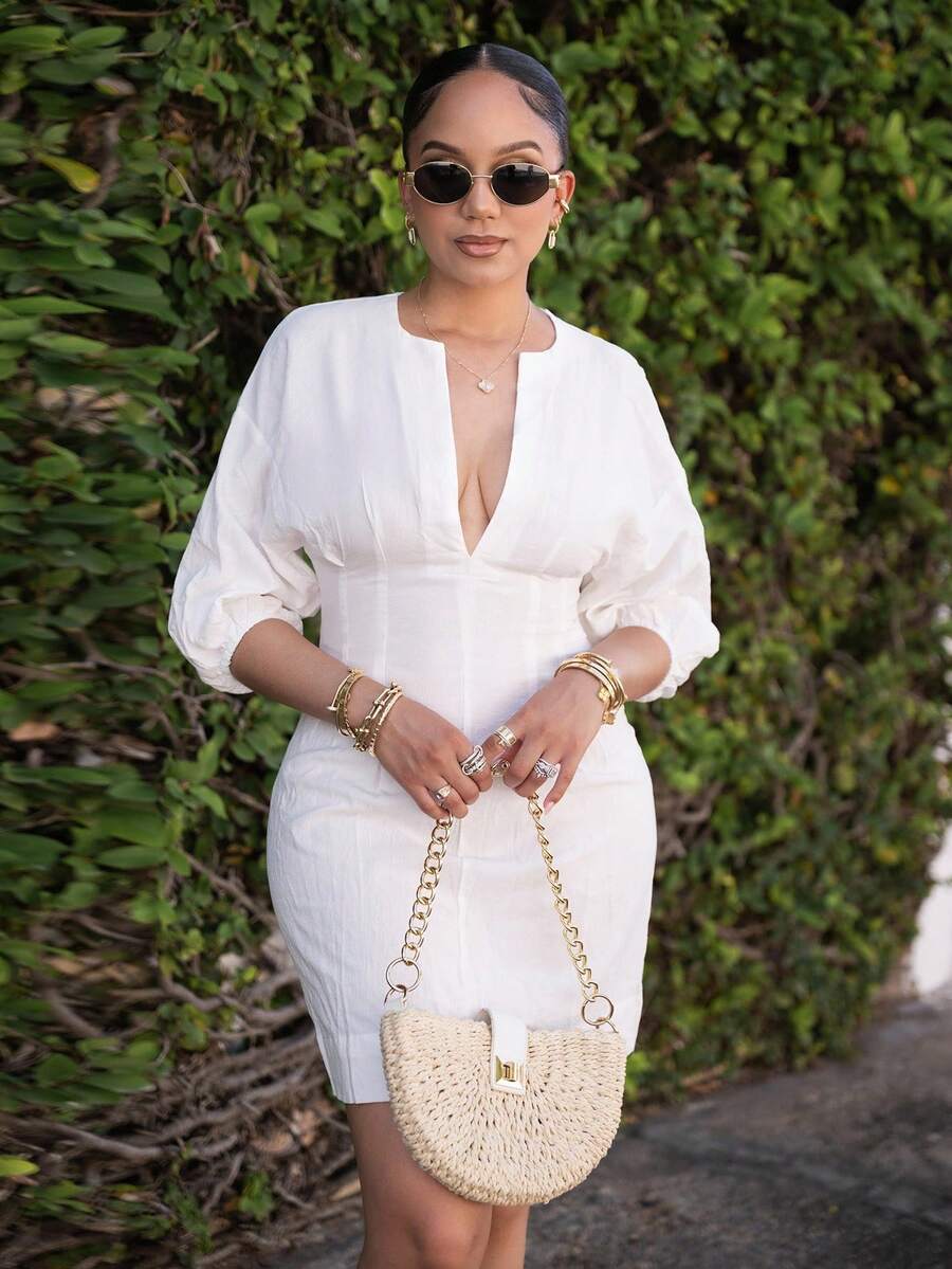 Melissa Matos 女士迷你连衣裙，纯色，长袖，简约时尚，适合夏季 - 白色 - 查看 1