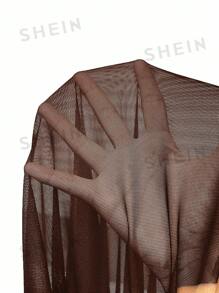 KIZN High Cut Brazilian One Piece Swimsuit With Mesh Panel Detail Beachwear High Leg Cut Bathing Suit Perfect For Beach Pool Summer Vacation - Brown - View 6