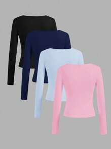 SHEIN Essnce Bộ 4 áo thun cổ tròn tay dài màu trơn đơn giản, thoải mái dành cho nữ, phù hợp cho mùa thu/đông - Nhiều màu - Xem 2
