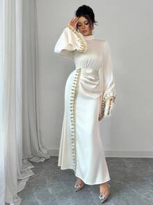 Elenzga 女式优雅喇叭袖花卉蕾丝边修身连衣裙，秋季 - 杏色 - 查看 6