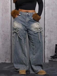 Jeanoix Plus Size Women's Fashionable Vintage Lace-Up Wide Leg Cargo Jeans Punk - Medium Wash - View 8