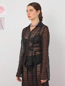 COUREZ 吊带透视飘逸衬衫 /Y2K 出门女装可爱性感上衣 - 黑色 - 查看 5