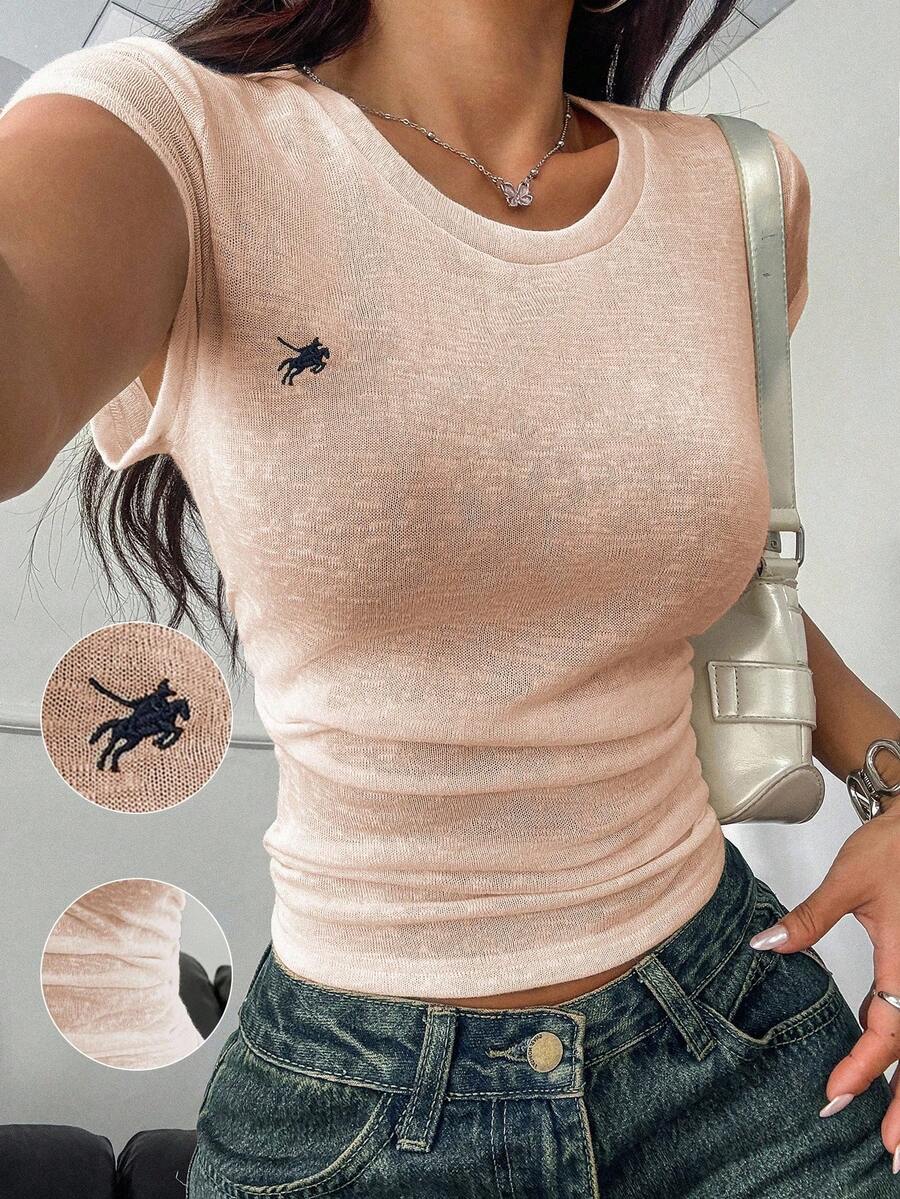 Zielony Solid Color Round Neck Short Sleeved Elegant Spring/Summer Ladies' Top Clothes For University - Pink - View 1