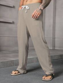 Manfinity RSRT Pantalones de lino con cintura elástica para hombre, otoño - Caqui - Ver 4
