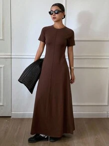 DAZY Váy len dệt kim cổ tròn tay ngắn công sở mùa thu mới cho nữ Váy len nữ - Xám - Xem 3