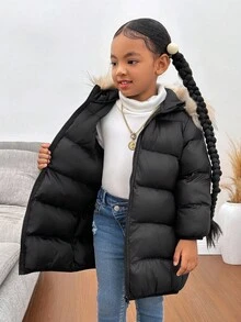 SHEIN Young Girl's Cute Versatile Thermal-Lined Black Padded Coat, Suitable For Autumn/Winter Fall - Black - View 7