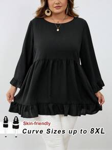SHEIN CURVE+ 加大码纯色荷叶边下摆套头衫，适合女士休闲外出秋季服装、冬季服装、CURVE PLUS - 黑色 - 查看 10