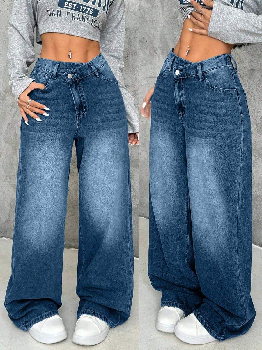 EURMUSE Women's Thick Denim Jeans, Oblique Placket, Loose Wide-Leg Pants, Blue - Dusty Blue - View 1