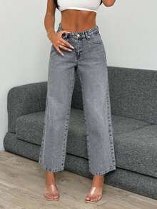 EURMUSE High Waist Light Wash Crop Straight Jean - Grey - View 6