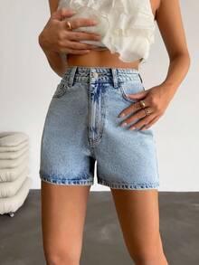 EURMUSE High Waist Rigid Bet Detailed Denim Short - Light Wash - View 6
