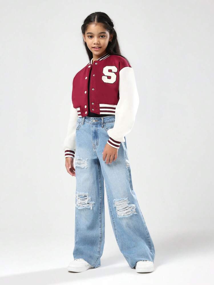 Cropped Varsity Bomber With Letter Patch And Stripes