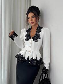 Elenzga 女士优雅时尚通勤休闲迷人复古浪漫假日长袖腰部聚拢A字下摆前开蕾丝花边纯色衬衫（蕾丝花边随机） - 白色 - 查看 1