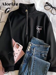 少女休闲百搭度假卫衣，黑色宽松半拉链卫衣，适合秋冬季穿着 - 黑色 - 查看 6