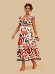 SHEIN VCAY Robe maxi à manches volantées avec imprimé floral tropical, col en V et lien à la taille, pour grandes tailles. Convient pour les vacances, les fêtes, la rentrée, les sorties, le printemps/été/automne - Multicolore - Voir 5