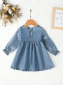 Elladie kids Baby Girl Denim Dress 1pc Baby Girls' Casual Cute Blue Washed Denim Dress Baby Denim Dress Toddler Denim Dress Bow Denim Dress Blue Denim Dress Blue Baby Dress Fall Winter - Blue - View 2
