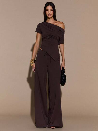 SHEIN BAE 秋冬纯棕色性感不对称领口女式短袖上衣和裤子两件套秋冬保暖内衬女式针织两件套基本款针织女式不对称领口上衣