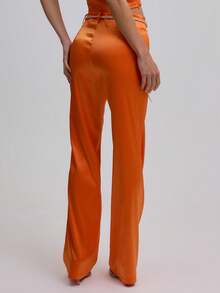 MUSERA 系带喇叭缎面裤，仅裤脚，性感可爱，Y2K 90年代风格，适合夜生活、返校季、秋季假期、生日、优雅、夏季、春季、假日、嘉年华等场合，休闲百搭。 - 橘色 - 查看 4