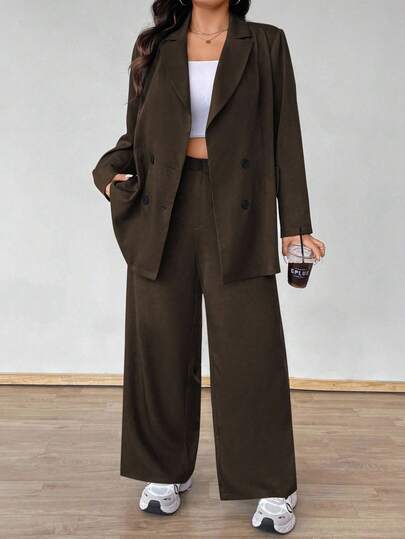 Vionelle Plus-size dames effen kleur reverskraag lange mouwen dubbelrijs jas en broek casual pakset