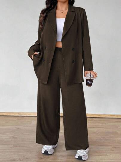 Vionelle Plus Size Women Solid Color Lapel NeckLong Sleeve Double-Breasted Jacket And Pants Casual Suit Set Fall Cloth For Women Autumn