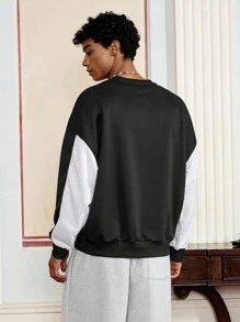 SWAVVY Men's Casual Long Sleeve Pullover Sweatshirt, Black & White Patchwork Graphic Print Crew Neck, For Fall Winter - Black and White - View 2