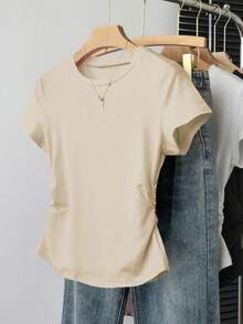 Women's Round Neck Short Sleeve Pleated Casual Versatile T-Shirt - Black - View 5