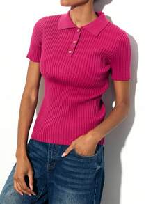 Maija 紫红色翻领罗纹长袖修身针织衫，休闲百搭的都市风格，适合秋季穿着，时尚百搭，圣诞节、圣诞毛衣、新年休闲毛衣、女士新年复古风、女士休闲派对上衣、感恩节派对上衣 - 中紫紅色 - 查看 6